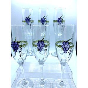 Hand Painted Grape Vine Champagne Flutes Set of 6 Made in USA